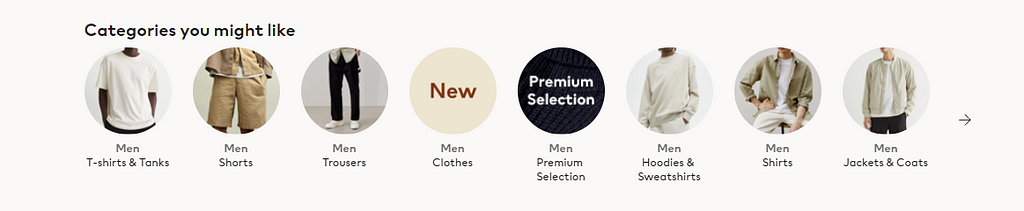 Product categories presented as small thumbnail circles and titles directly on H&M’s homepage.