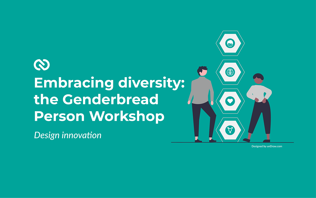 On a green background, on the left there is: the Growens logo, the title of the the article “Embarcing diversity: the Genderbread Person Workshop” and the category of the article “Design innovation”. On the right there is two people that are divided by a column made by 4  hexagon and in each of them there is an icon. From the top there is person, a brain, a heart and the all gender symbol representing the four areas of the Genderbread Person Workshop