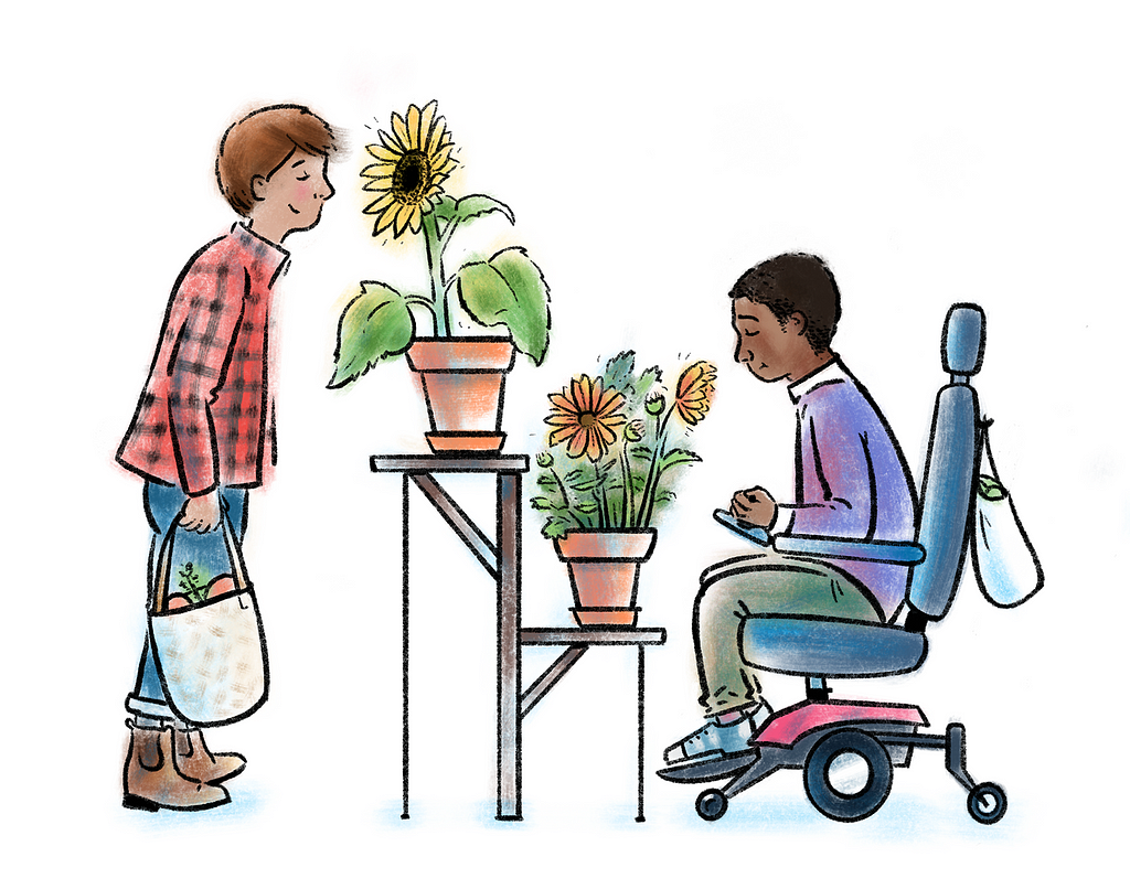 A person using a wheelchair and a person standing each enjoying the aroma of some potted flowers.