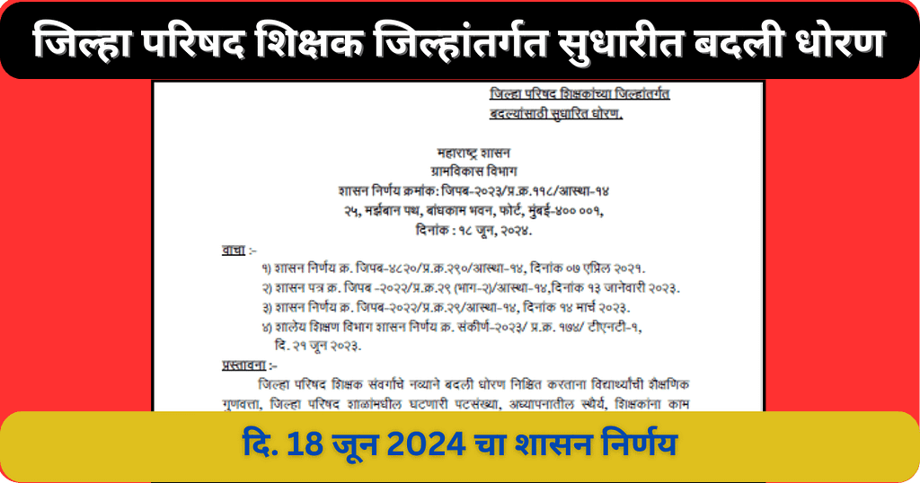 जिल्हा परिषद शिक्षक जिल्हांतर्गत सुधारीत बदली धोरण 18 जून 2024