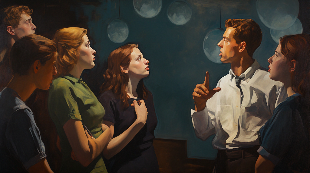 A realistic painting of six individuals in conversation. A man in the center gestures while speaking, drawing focused attention from the surrounding group. The scene is illuminated by soft light, casting a warm ambiance over their intent expressions.
