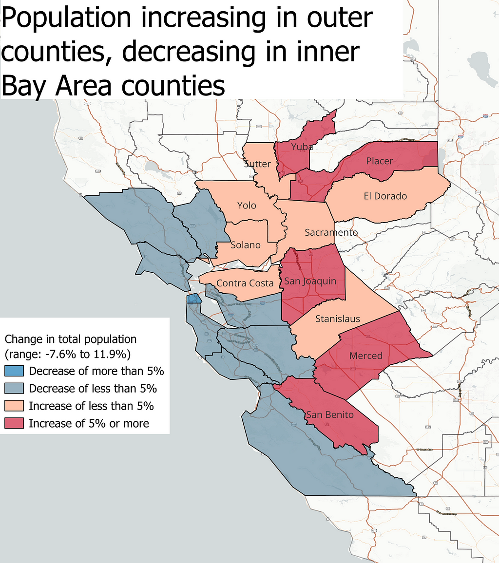 Alt: rates show population change in the 21 northern california counties. Population declined in the Bay Area except Contra Costa and Solano county, but rose throughout the rest of the region, except Monterey.