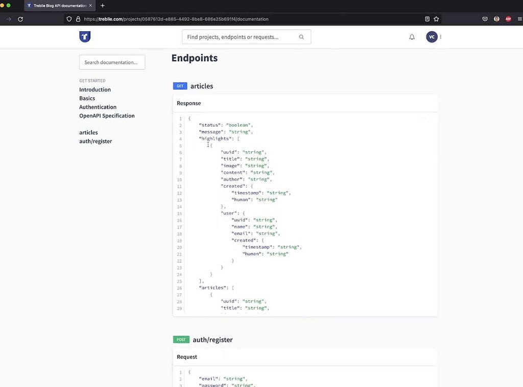 Automatically generate API Documentation with treblle page.