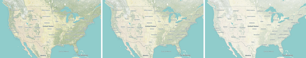 Trio of maps focused on the United States showing three different saturations of land cover