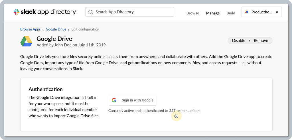 A screenshot showing Google Drive’s app detail in the Slack app directory and how many users are logged in. The highlight points to the label “Currently active and authenticated 227 team members”, just next to the “Sign in with Google” button.