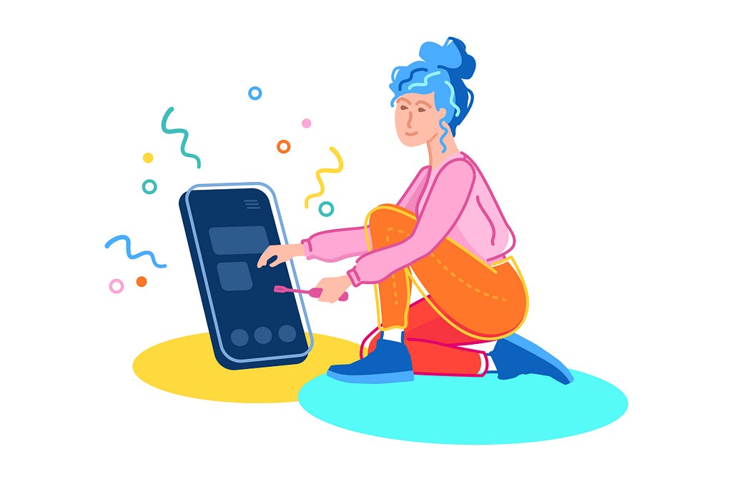 A colourful illustration of a woman who kneels on the floor and assembles a huge app with a screwdriver