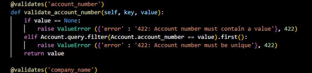 Validation decorator checking for duplicate account_number values