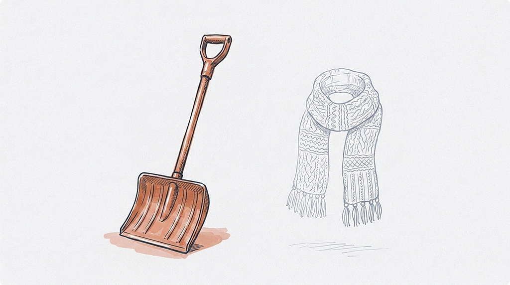 A snow shovel in solid terracotta beside a knitted, fringed scarf in faint grey outline.