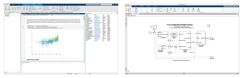 Two screenshots with MATLAB interface with a plot on the left and Simulink interface with a block-diagram model file on the right.