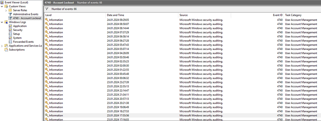 Custom View, Event Viewer, 4740, Locked Out, Lock, Account, Lock