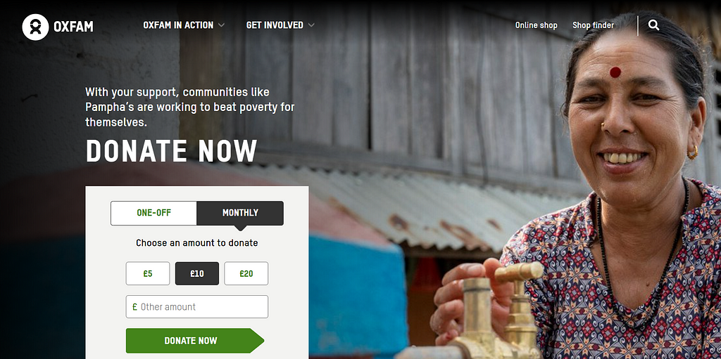 Oxfam’s homepage showing a preselected monthly £10 donation amount.