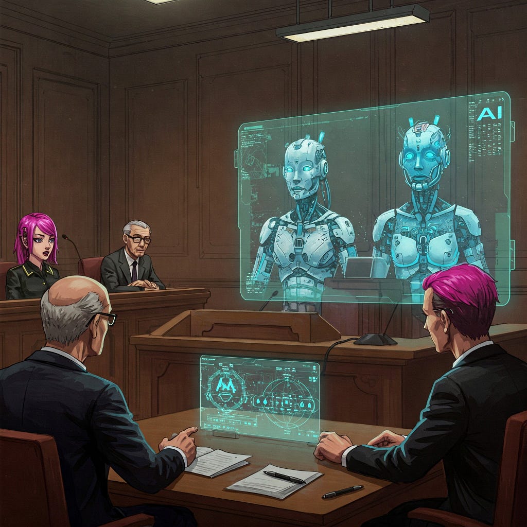 Humorous digital art of a futuristic AI arbitration courtroom