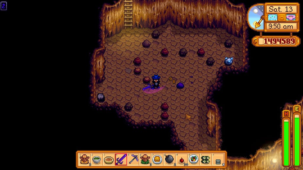 The farmer kills a purple slime in Skull Cavern