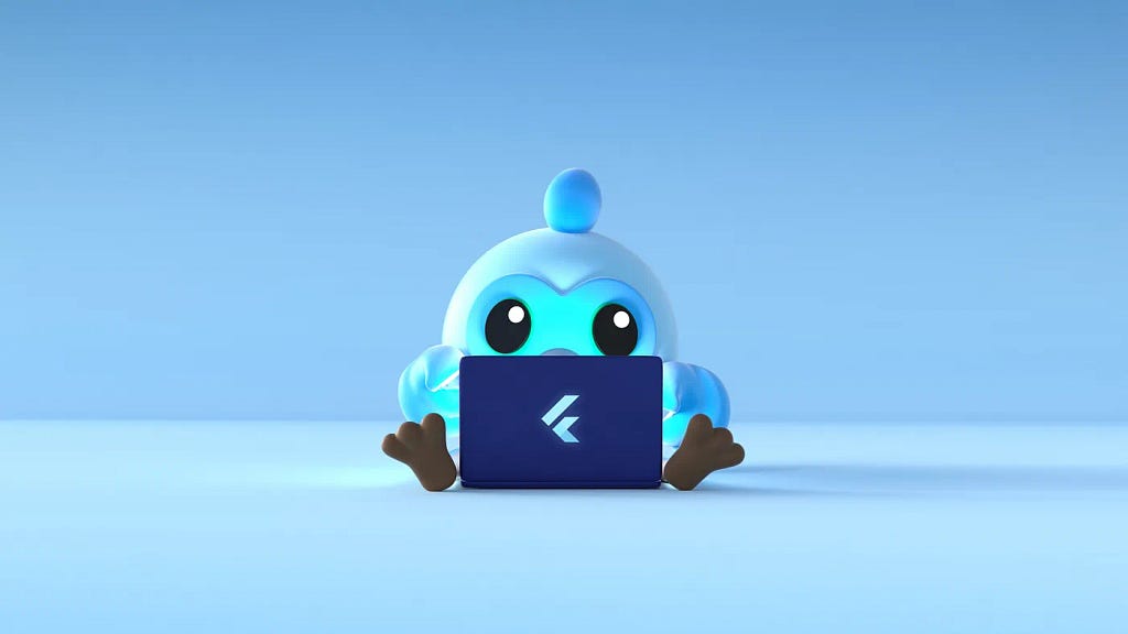 Flutter Advanced Interview Blog, Flutter Dash with a laptop image