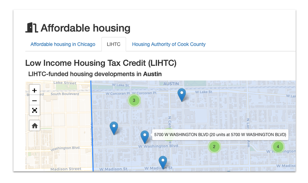 screenshot of the LIHTC properties map