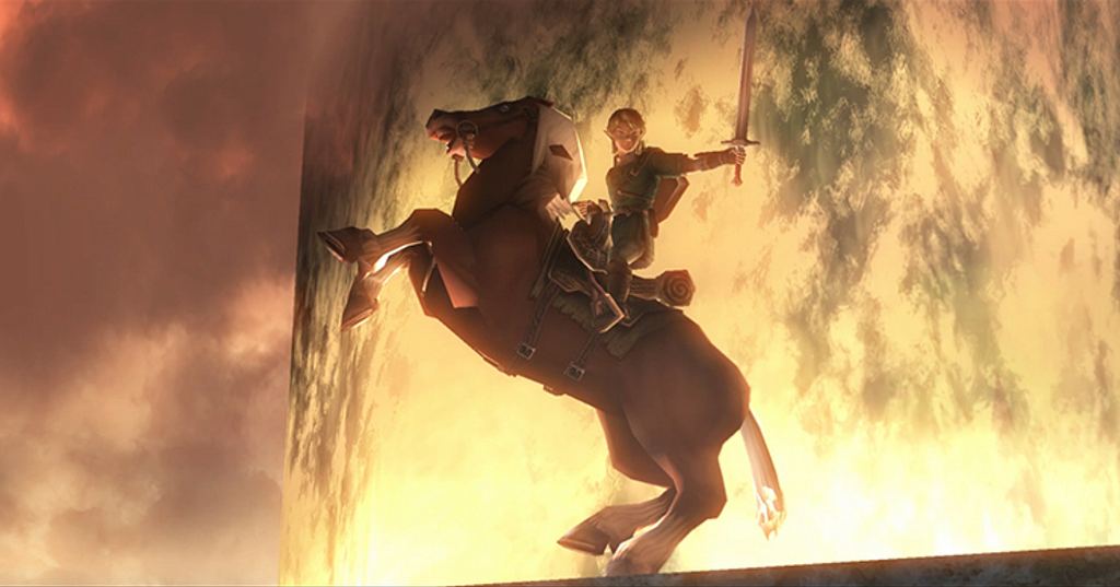 A screenshot from the introduction of The Legend Of Zelda: Twilight Princess HD showing Link riding Epona.