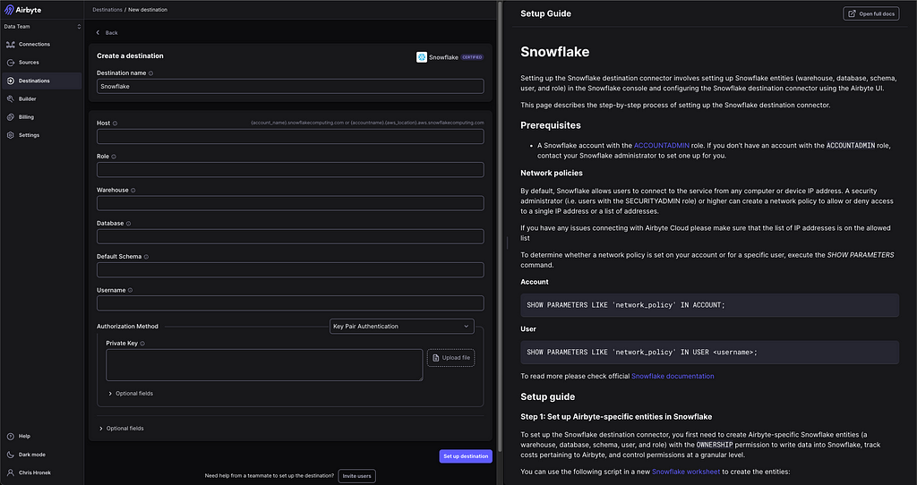 Airbyte Snowflake Destination Setup