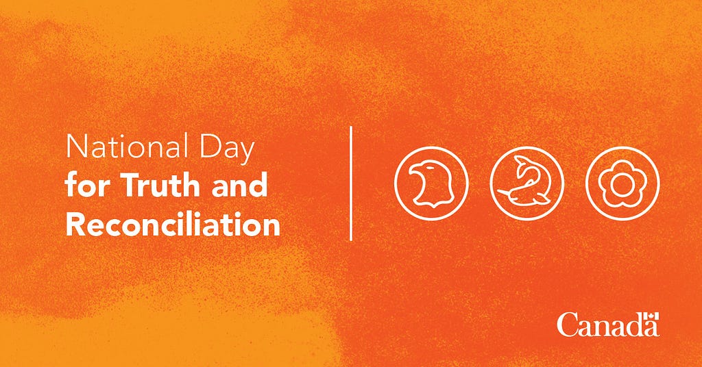 Image on a textured orange background, featuring white icons of an eagle, a narwhal, and a pearl flower. The text reads: National Day for Truth and Reconciliation.