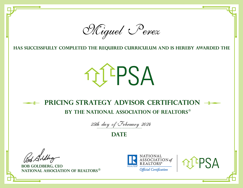 Miguel Perez, P.A, is a distinguished South Florida luxury Realtor advisor with a passion for delivering exceptional service and results to his clients. With his latest achievement as a Certified Pricing Strategy Advisor, Miguel continues to set the standard for excellence in the real estate industry.