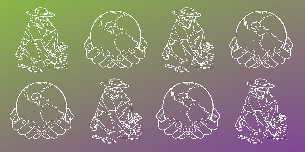 Pattern of two alternating illustrations: white outlines of a hands cupping the Earth and a female farming planting seedlings, in two rows and four columns. Background is a vertical gradient, green to purple.