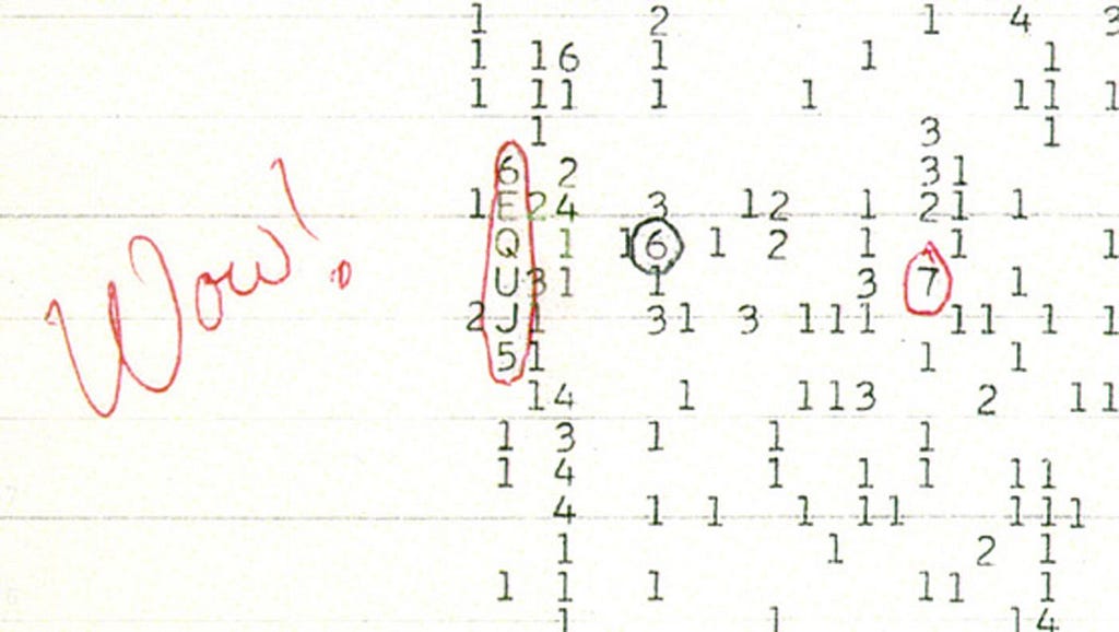 Ehman’s Wow! signal, 6EQUJ5, circled in red in a printout of vertically aligned single digits indicating radiowaves.