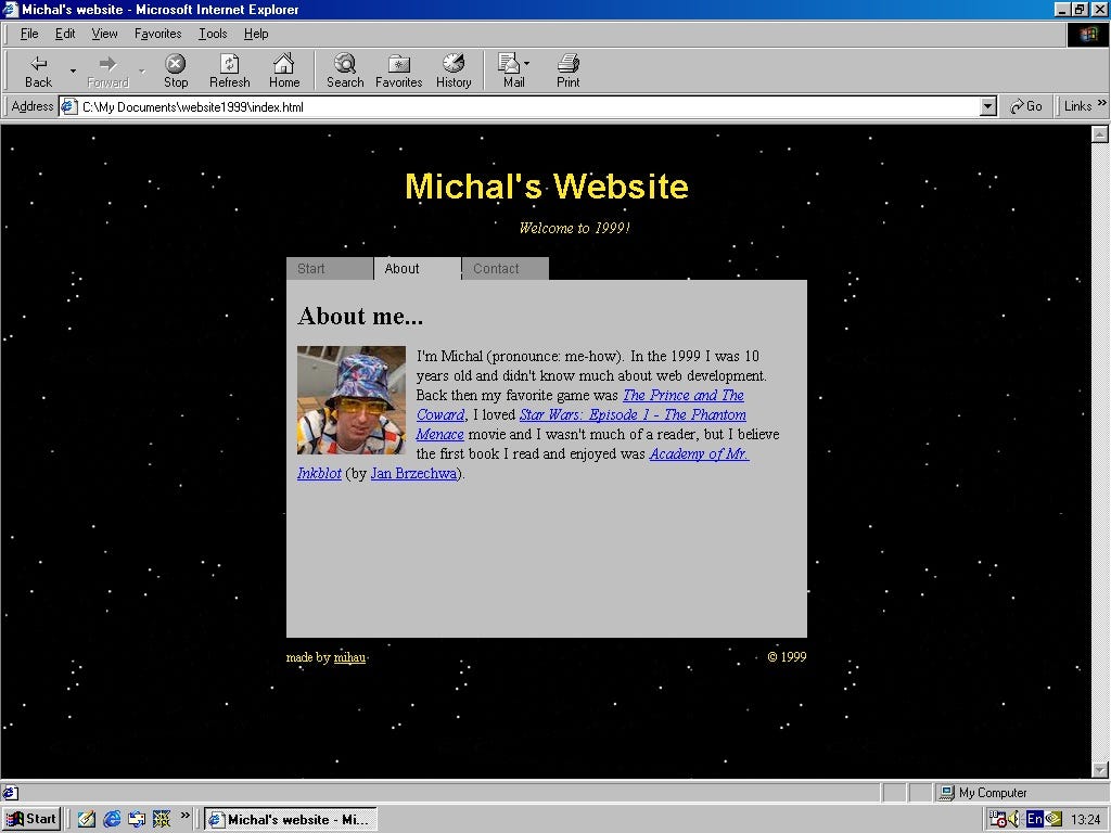 Screenshot of 1999 webpage with about tab open on Internet Explorer 5