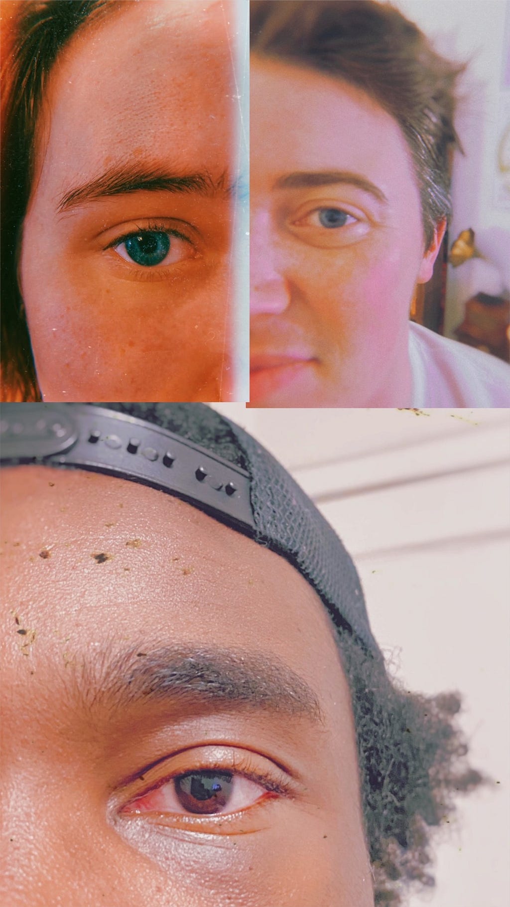 Photo collage of a close-up of three people’s eyes.