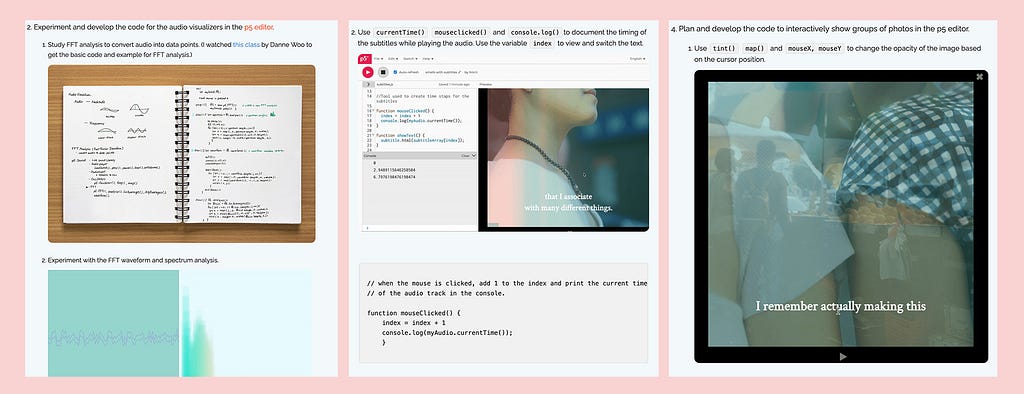 Three screenshots of the web-based handbook: From the left, there are documentations on how I created the audio visualizer, timed subtitles, and interactive images using p5.js.