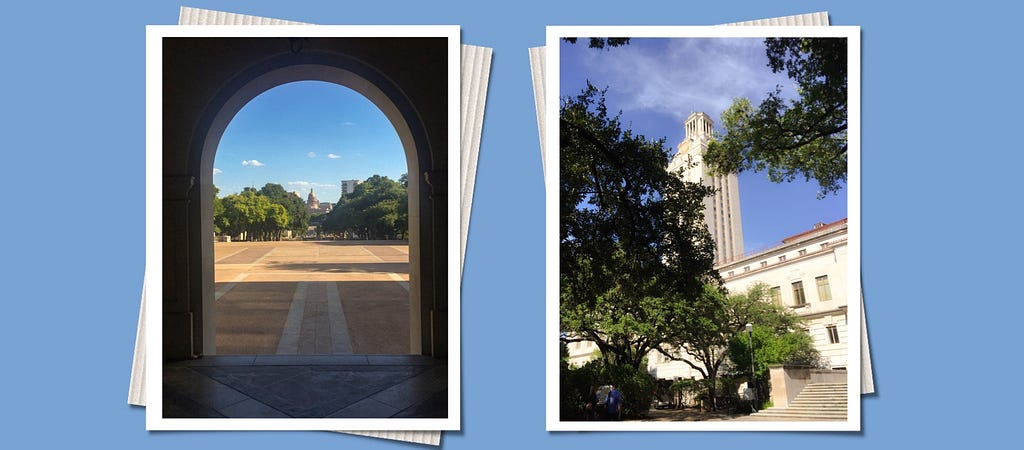Two photos of the University of Texas at Austin's campus.