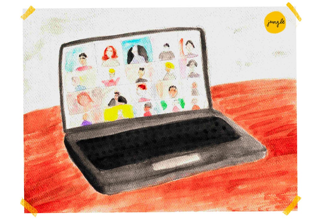 Watercolour painting showing a laptop on a desk, where a group video call is taking place; the Jungle company logo is on the upper right corner.