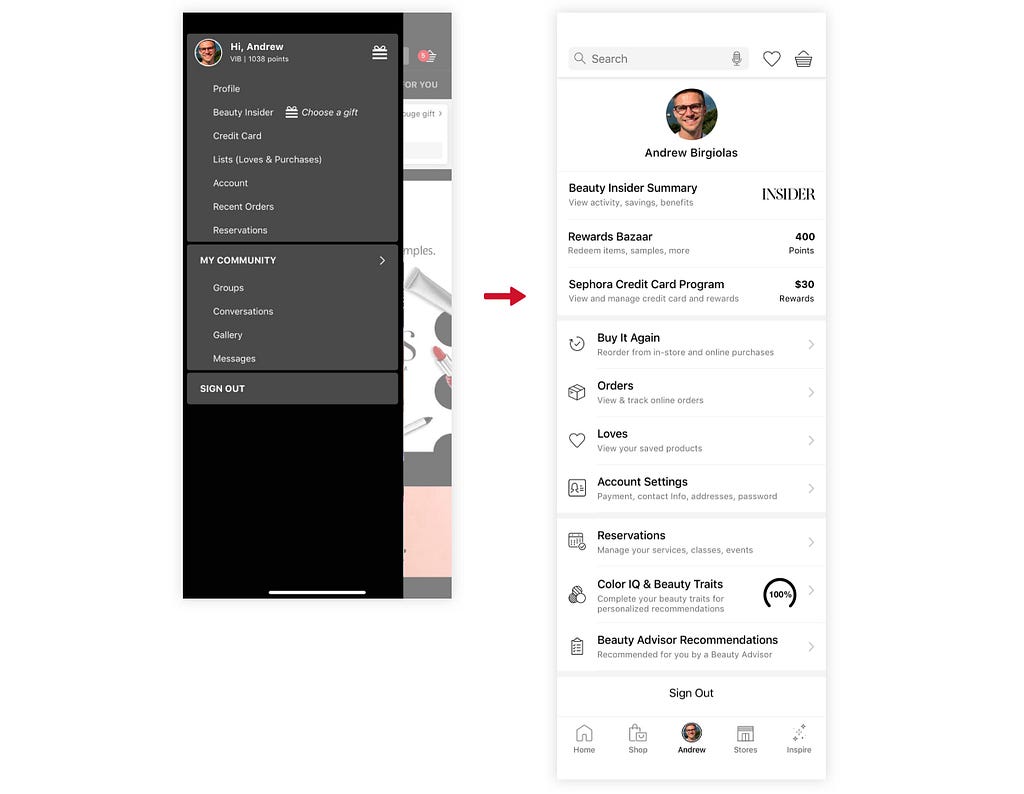 Before and after of the account menu.