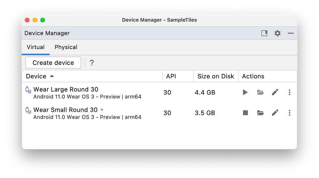 Device Manager window from Android Studio. There is a “create device” button available. Shows two devices: Wear Large Round 30 and Wear Small Round 30, with attributes displayed in a table.