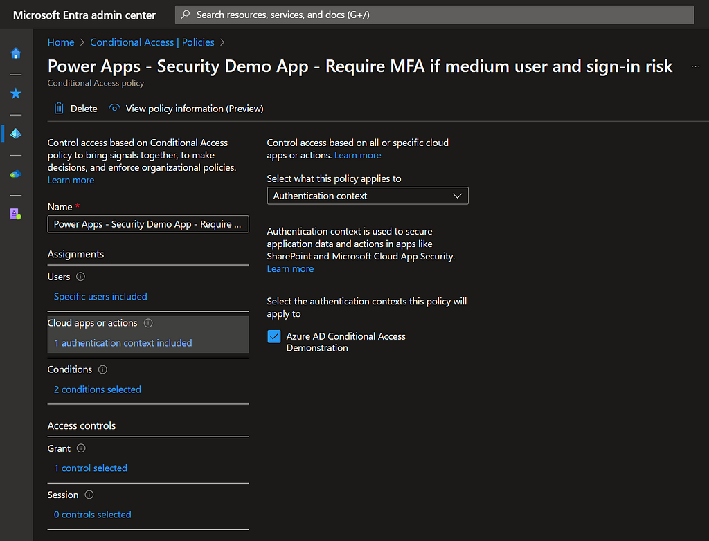 Require MFA for a user with medium user or sign-in risk — Included authentication context