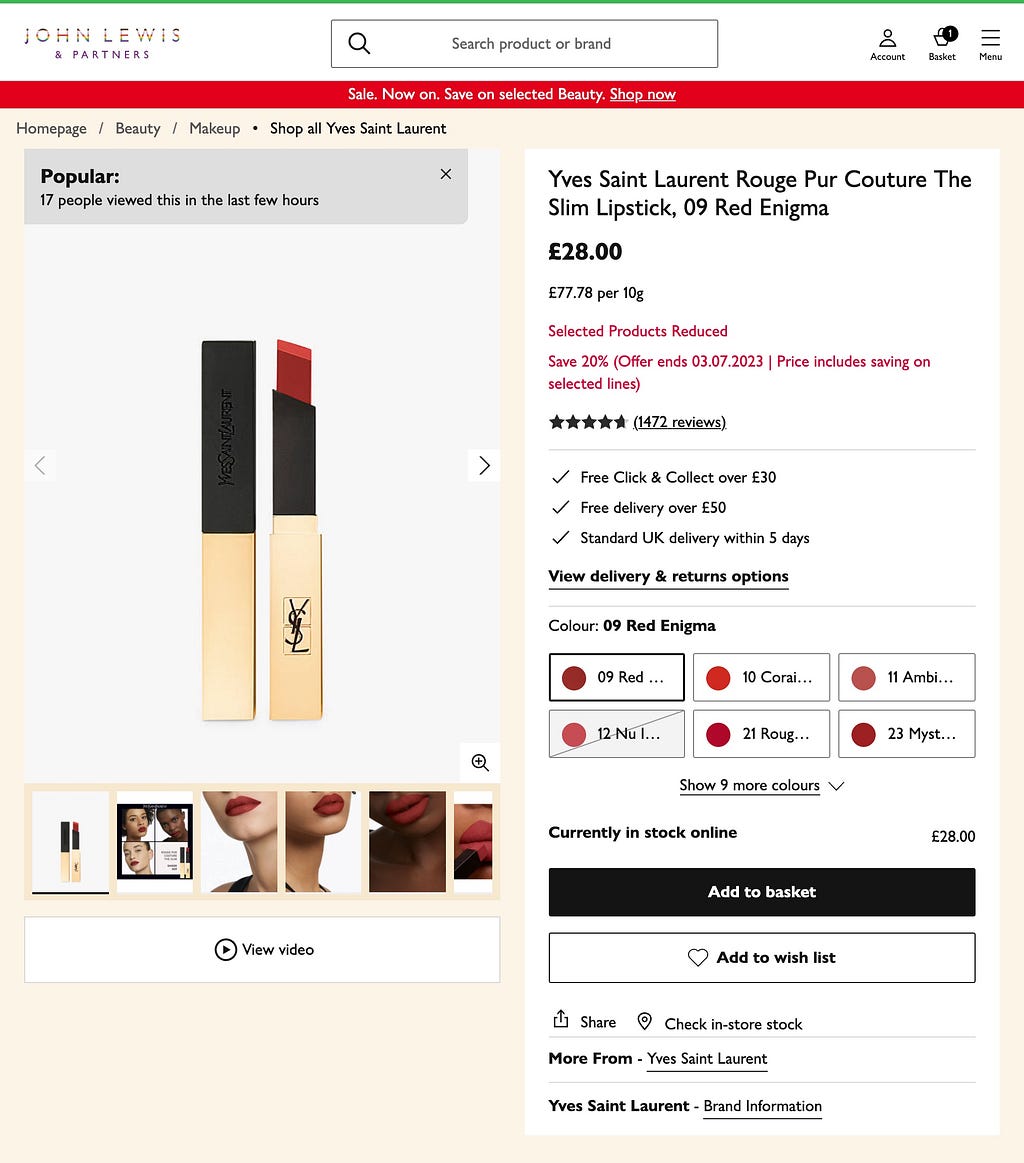 A typical Product Details Page (PDP) on the johnlewis.com website
