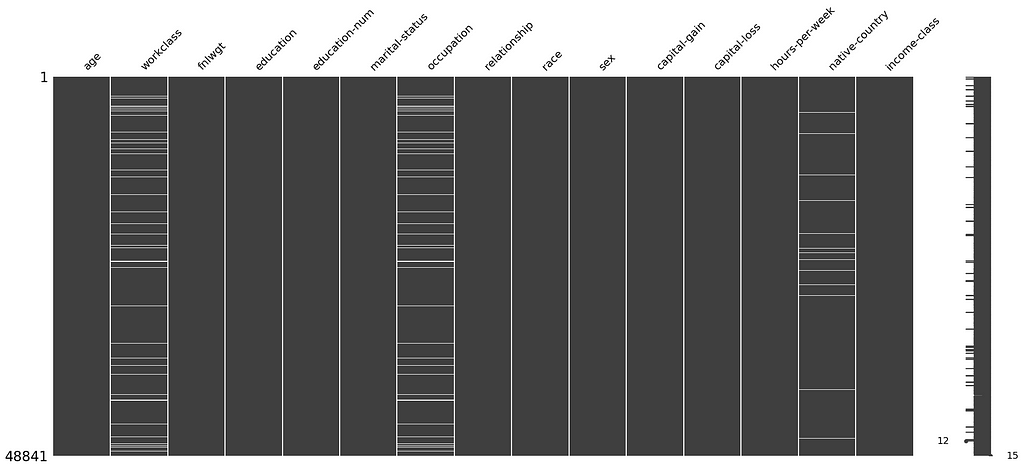 Visualisation of the missing values using the MSNO library and a MSNO matrix