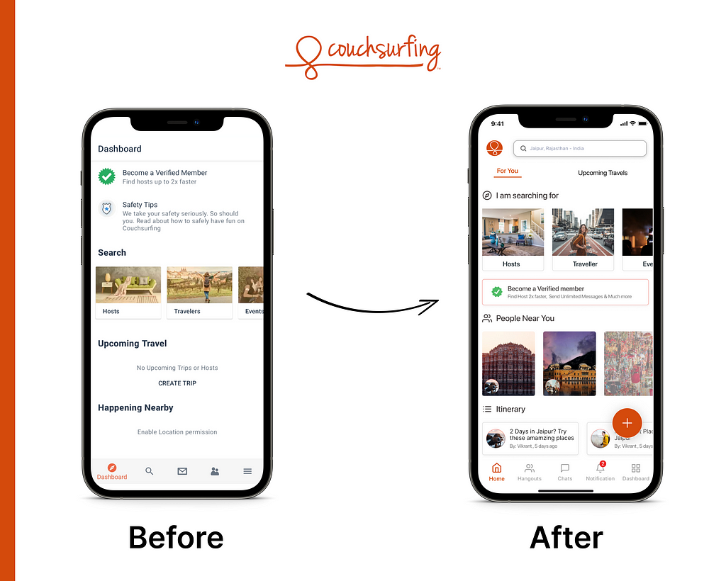 Image showing before and after comparison of home screen of the couchsurfing app
