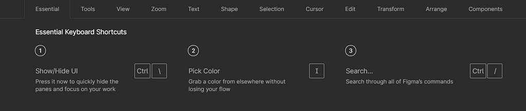 A screenshot of Figma keyboard shortcuts