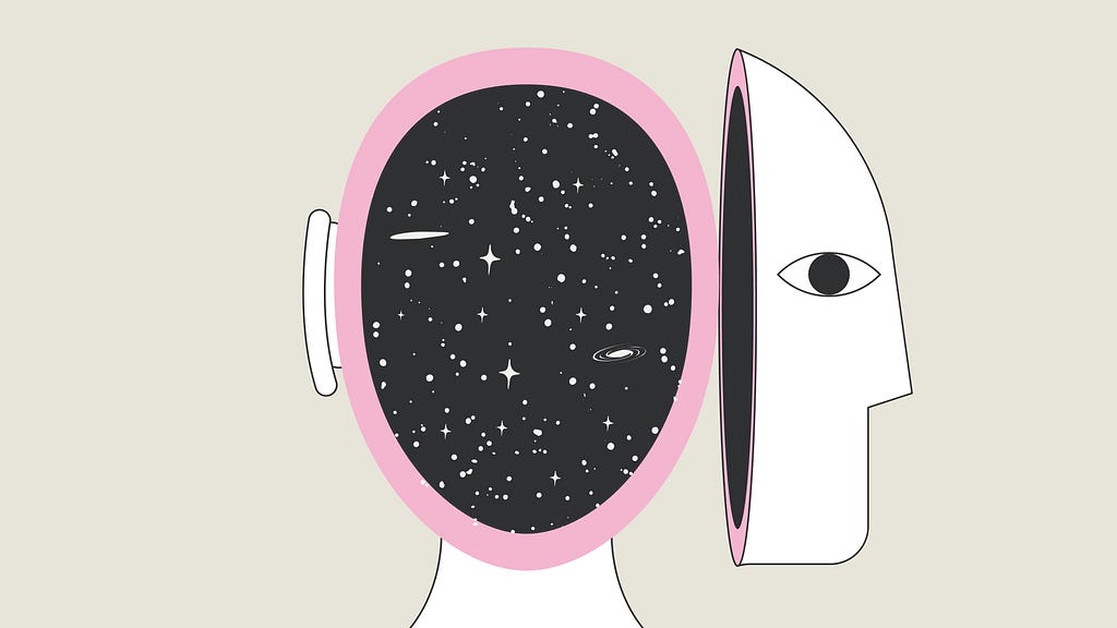 An abstract, colourful illustration of a head — you can see the universe is behing the face