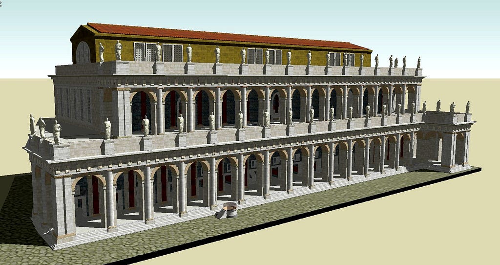 A computer-generated reconstruction of the Basilica Aemilia, built on the Roman Forum in 179 BCE. A derivative work of a 3D model by Lasha Tskhondia — L.VII.C., CC BY-SA 3.0, https://commons.wikimedia.org/w/index.php?curid=18437321