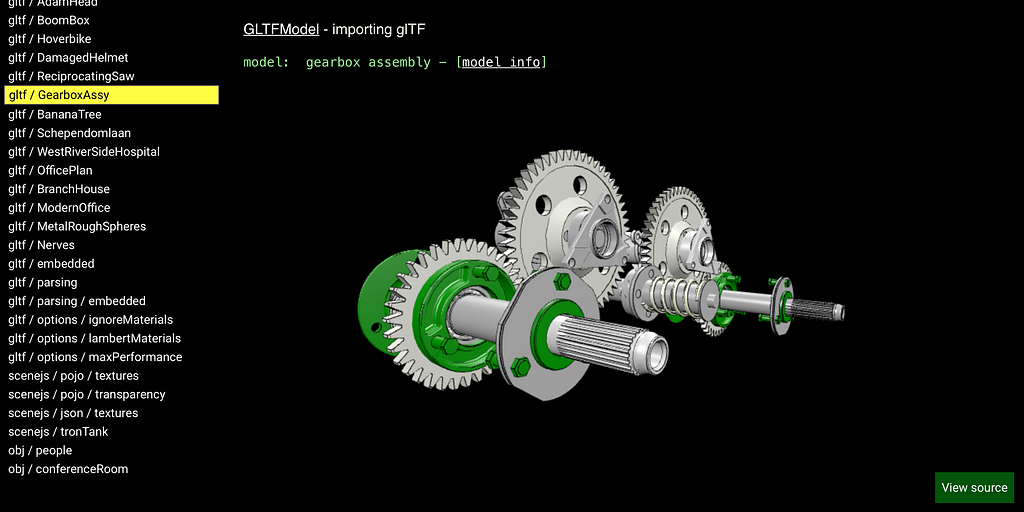 A gearbox GLTF model opened with xeogl.