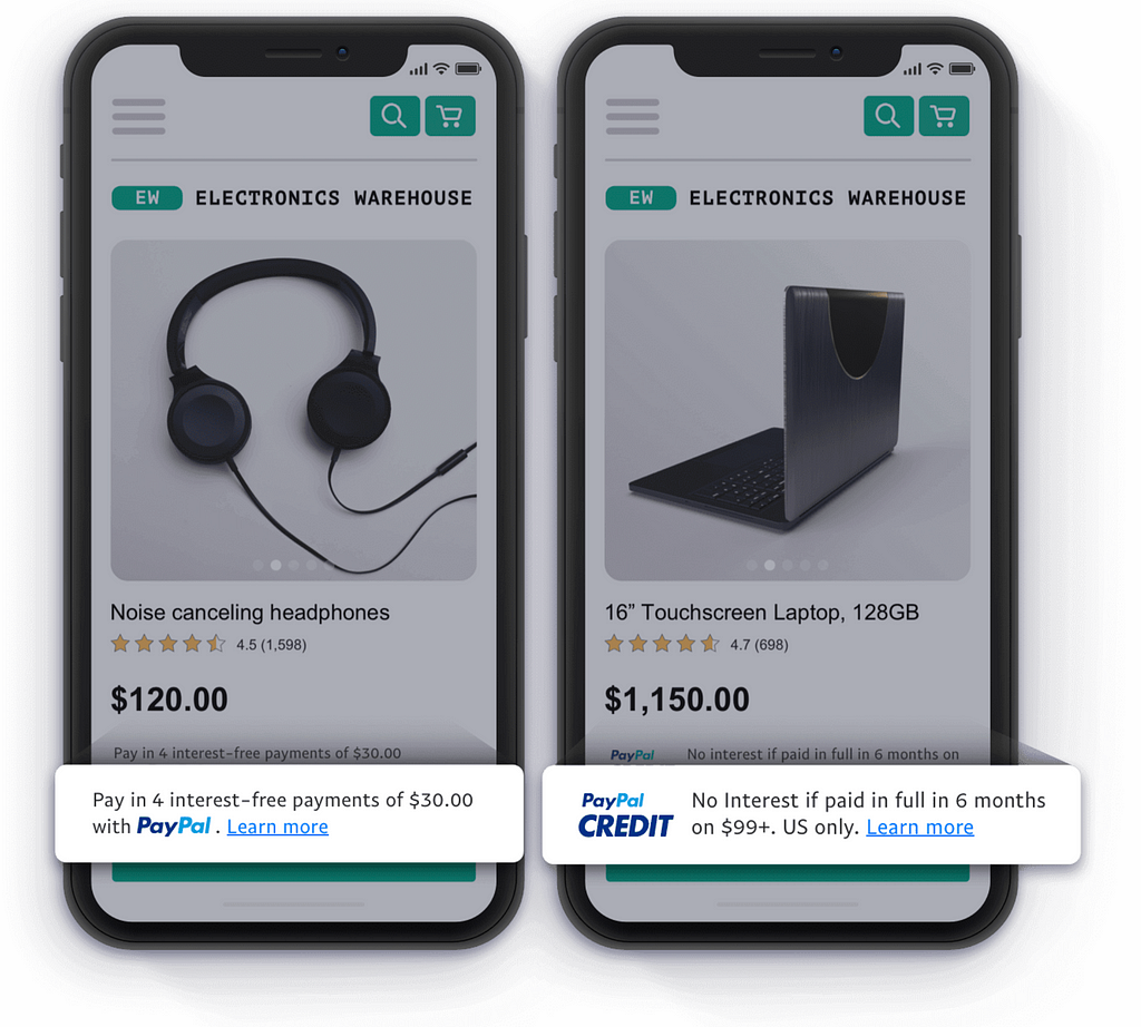Example of pay later messaging on product pages