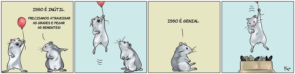 Tirinha onde um hamster apresenta uma solução e é questionado pelo seu companheiro pois este não entendeu como ela funciona