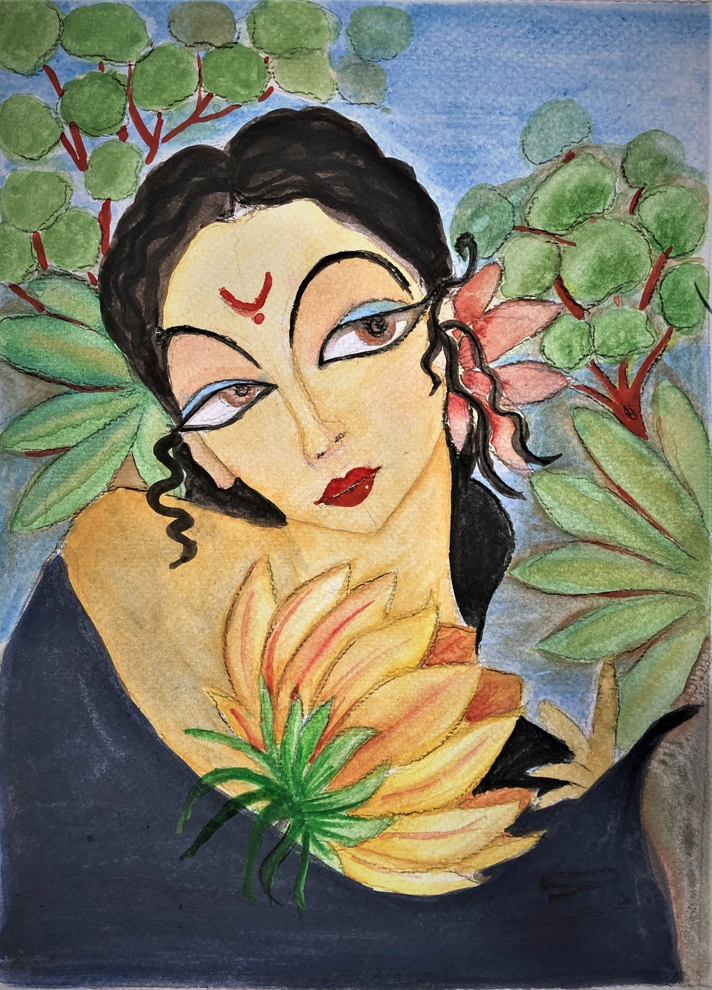 Recreation of an original art titled Essence of Emotions by Renuka Fulsounder. The piece depicts a lady with a flower in hand.