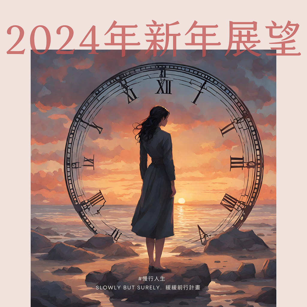 2024年新年展望-Slowly But Surely. 緩緩前行計劃-Pini。圖為女子看著天空中的時間。