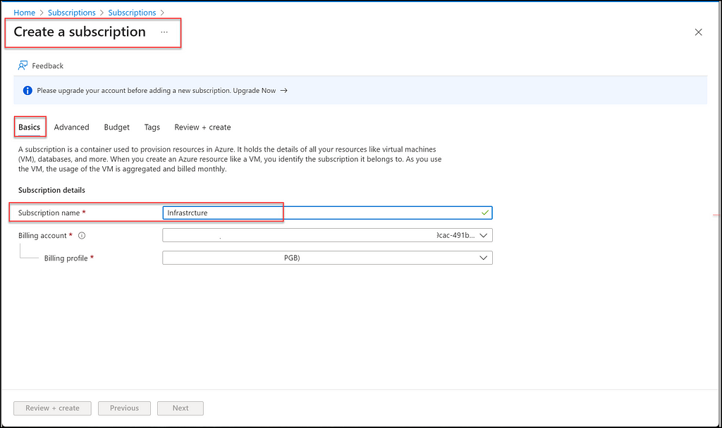 Figure 04 — shows creating a new subscription with the name Infrastructure. r3d-buck3t, Azure Subscriptions