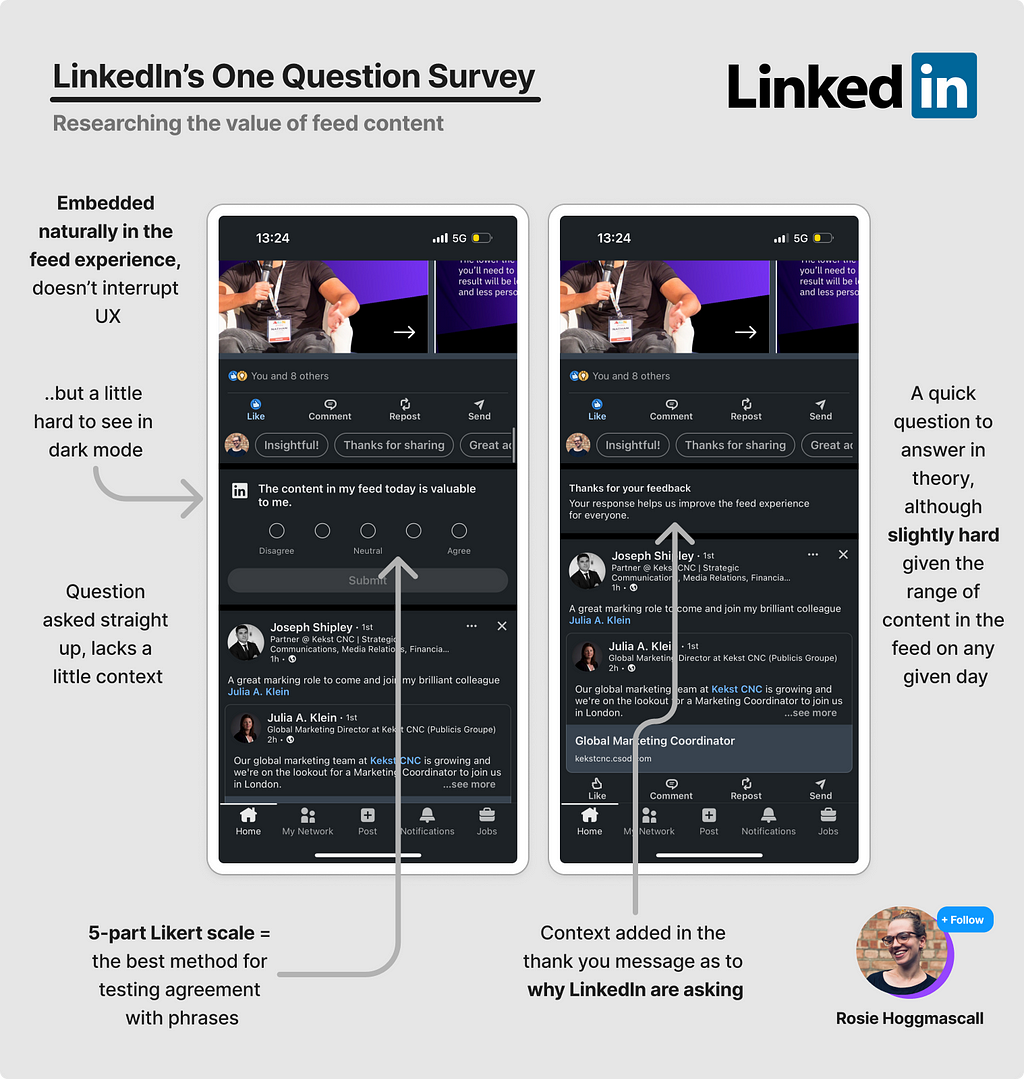 Analysis of LinkedIn’s one-question survey in the feed, and the thank you message that follows