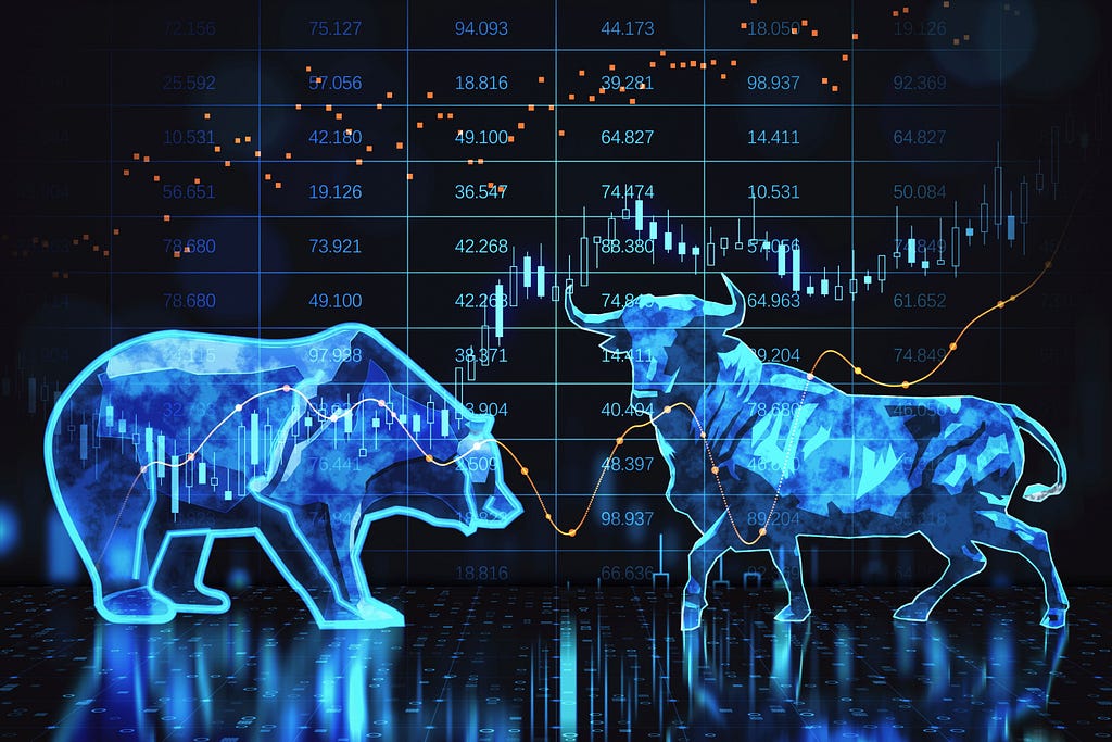 Abstract bearish and bullish forex chart on blurry background. Stock market exchange and financial analysis. 3D Rendering