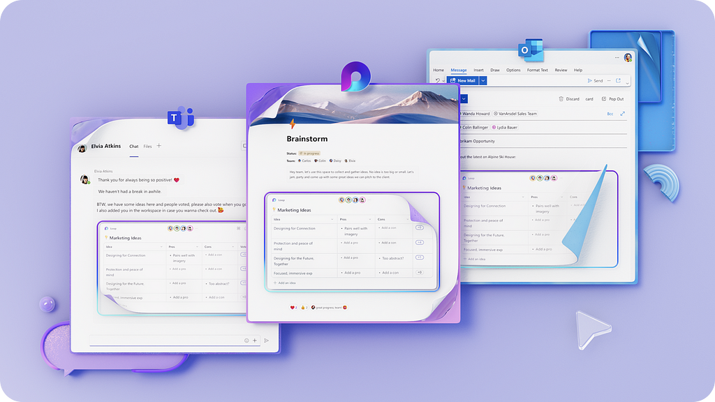 A 3D illustrated images depicting how Loop components stay in sync across Teams and Outlook.