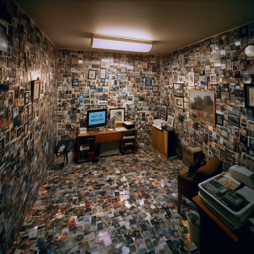 a room with walls and floor all covered by images and a computer screen displaying “out of memory”