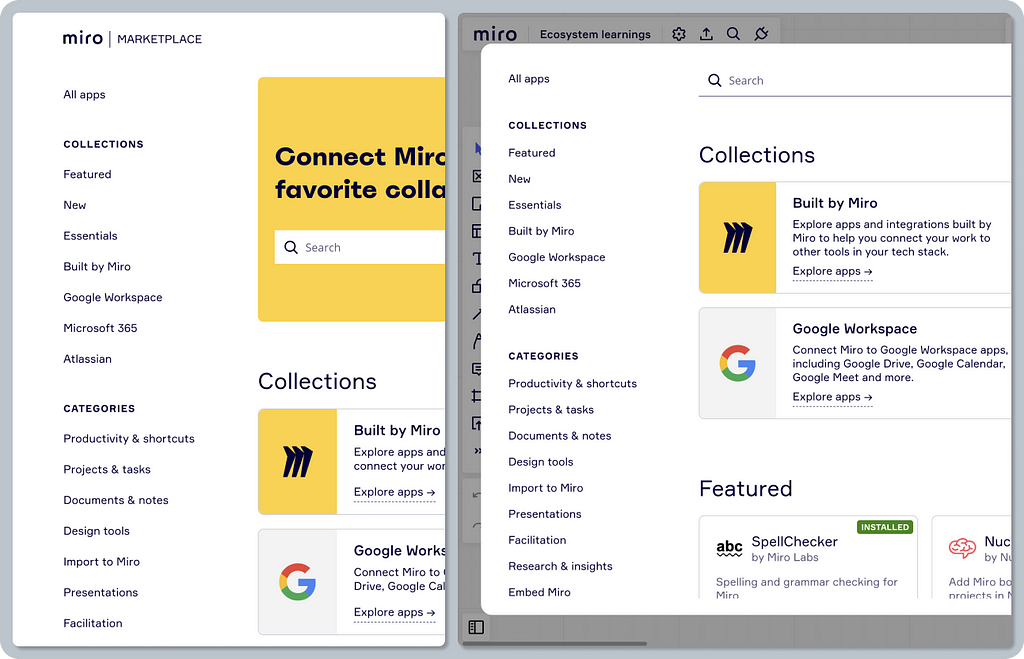 A composition of two screenshots of Miro’s marketplace layout on the web, shown as a full page, and in-app, presented in a modal form using an overlay.